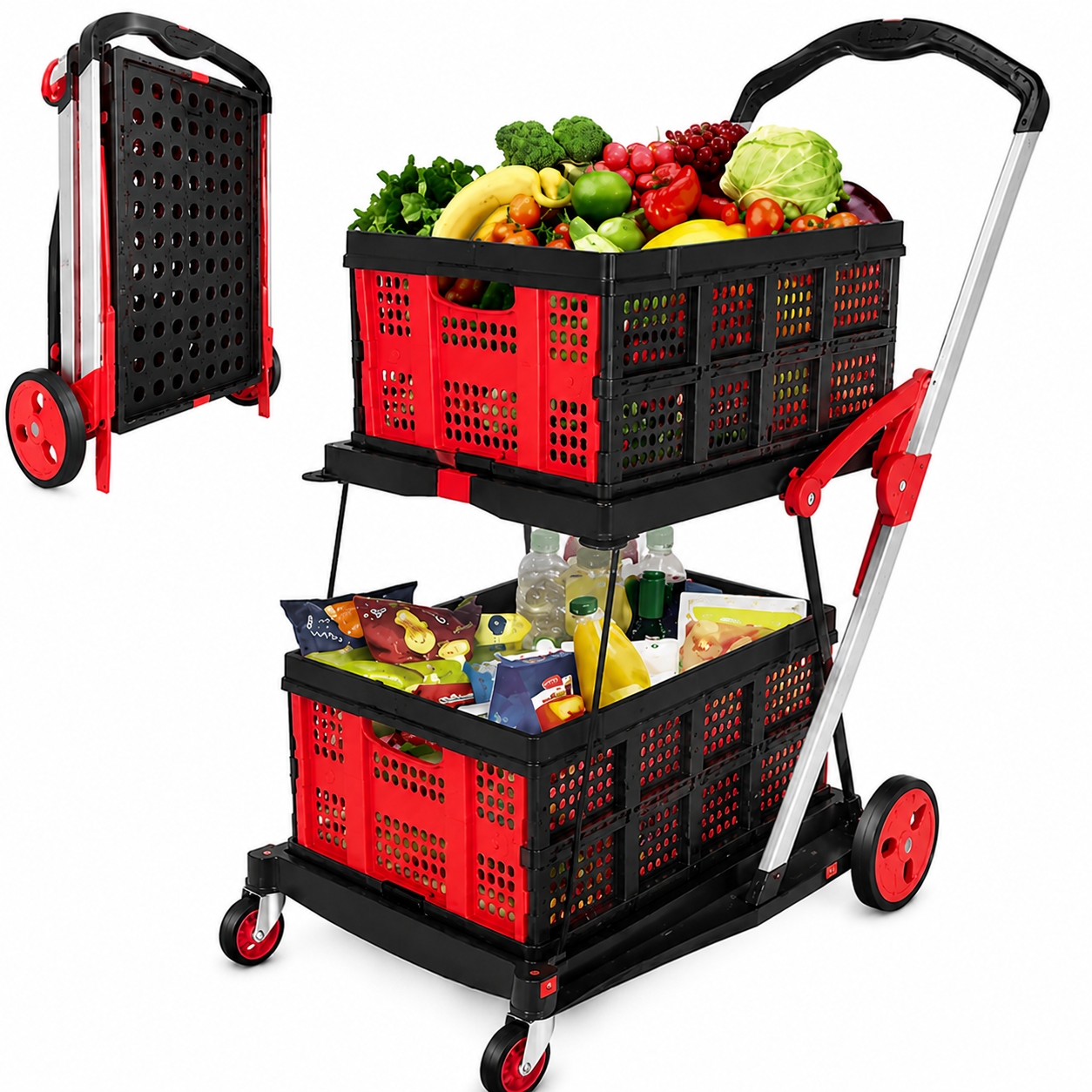 2-Tier Foldable Utility Cart with Collapsible Crates